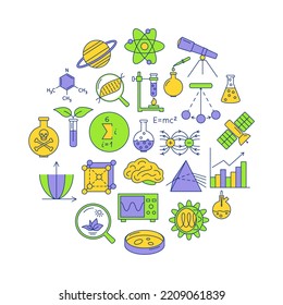 Science Round Poster In Colored Line Style. Banner With Scientific Symbols.