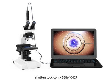 Science Technology Concept. Modern Laboratory Microscope connected to Laptop with Bacterias and Viruses on the Screen on a white background. 3d Rendering. 