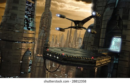 Science-fiction city scene with starfighter touching down (3D render)
