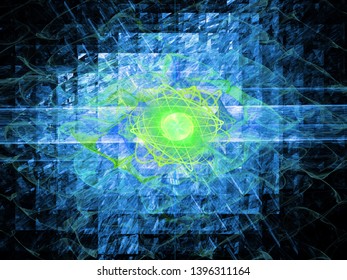 Scientific 3d Illustration Of Nuclear Energy. Collision Of Particles And Atoms. Burst Of Energy.