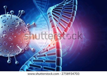 Scientific 3D rendering of microscopic virus particles and a glowing DNA helix on a blue background.	