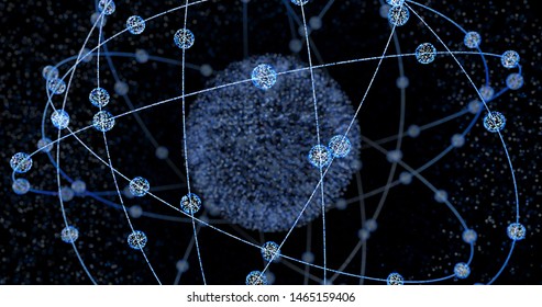 Scientific background. Atomic structure. Enlarged futuristic image of the atom. Particles and lines form bonds between the atomic lattice. Computer generative graphics, 3D render and illustration