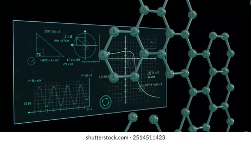 Scientific data and geometric graphs over molecular structure image. Science, technology, research, analysis, visualization, experiment