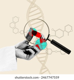 Scientific discovery through analysis. Scientist with magnifying glass against background with molecular structures and DNA helix. Contemporary art collage. Concept of science, innovation, technology