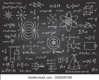 Scientific Formulas. Mathematics And Physics Calculus On Class Chalkboard. Algebra And Physical Science Handwritten  Education Concept. Maths Calculation On Blackboard. Physics Science Theorem