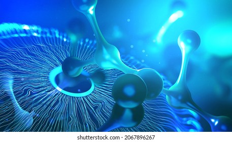 Scientific Molecule 3D Illustration For Medicine, Science, Technology, Chemistry, Biology. Wallpaper Or Banner With Nano Molecules. Biotechnology And Genetic Modification Futuristic Image