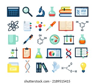 Scientific Research Inventory Set. Electron Microscope Dna Rna Molecular Formula Laptop Research Infographics Test Tubes Material Books On Genetics Pen Cup Coffee Flask Vaccine. Research Flat .