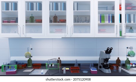 Scientific Research Lab Workplace Table With Microscope, Test Tubes, Flasks And Other Modern Laboratory Equipment. With No People Medical And Science Concept 3D Illustration From My Own 3D Rendering.