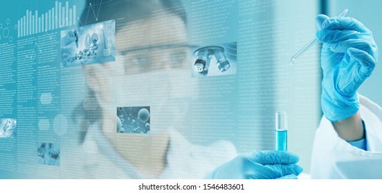 scientific screen and chemist holding a test tube in the background, 3d illustration - Powered by Shutterstock