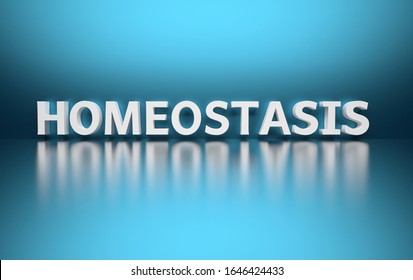 Scientific word Homeostasis written in bold white letters on blue background. 3d illustration.