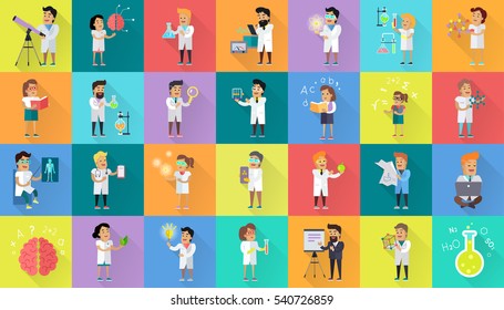 Scientist character collection at work. Male and female scientists illustration. Chemistry, medicine, physics, biology infographic in flat style. Science and technology development - Powered by Shutterstock