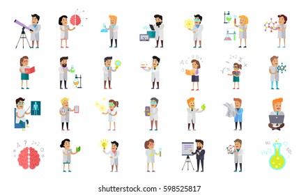 Scientist character collection at work. Male and female scientists illustration. Chemistry, medicine, physics, biology infographic in flat style. Science and technology development - Powered by Shutterstock