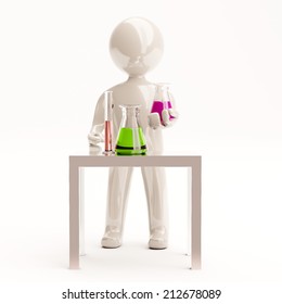 Scientist in his lab, 3d man trying out chemical compositions, or experimenting, white background, scientific and innovation concept.