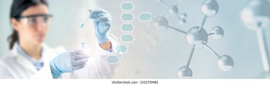 scientist holding a test-tube and 3d illustration of molecules - Powered by Shutterstock