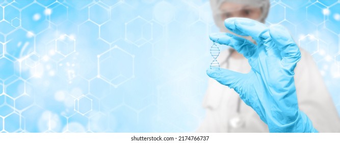 A Scientist Holds A 3D Rendering Of A DNA Molecule In His Hands. The Concept Of Digital Medicine, Genetic Research, Gene Therapy, Stem Cell Bank, Virology, Stem Cell Treatment. 3d Illustration Of DNA