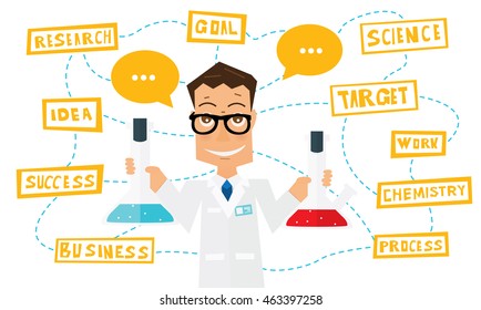 Scientist with lab flask and elements of infographics. 