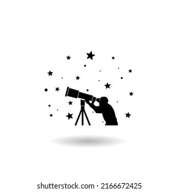 Scientist looking through telescope on sky logo with shadow