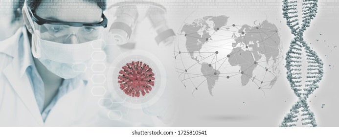 Scientist With Protective Face Mask Examining Coronavirus In Abstract Medical Research Background, 3d Illustration