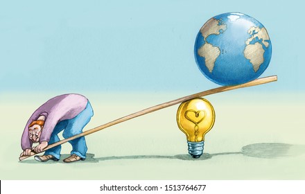 A Scientist Uses A Lever To Lift The World The Fulcrum Of The Lever Is A Bulb Allegory Of The Force Of An Idea