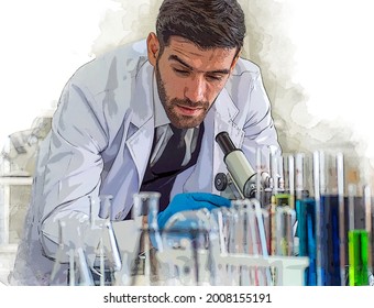 Scientist uses microscope analyzing positive results of virus disease infectious samples tested in scientific laboratory. Abstract art beard doctor study liquid in test tubes in medical experiment lab