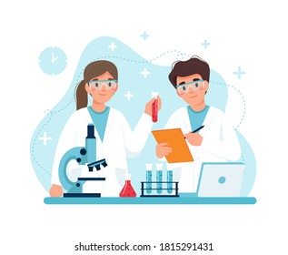 Scientist at work, characters conducting experiments in lab. illustration in flat style - Powered by Shutterstock