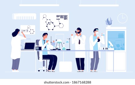 Scientists in lab. People in white coat, chemical researchers with laboratory equipment. Drug development cartoon concept - Powered by Shutterstock