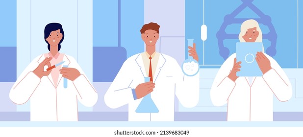 Scientists working. Flat research medical lab, science laboratory. Doctors work, chemistry scientist testing with equipment utter concept