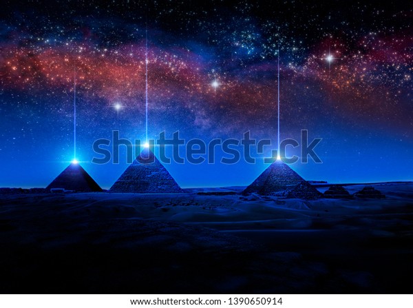 Sci-fi 3D render or illustration of Egyptian\
pyramids at night shooting light rays from the tips against a\
star-filled sky. Alien \
contact
