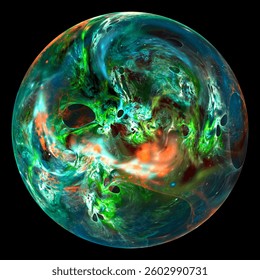 Sci-fi bubble with surface of fluids swirling and mixing. Fractal render. Isolated on black.