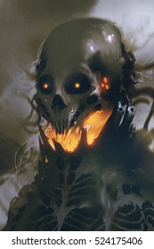 sci-fi character of alien skull on dark background,illustration painting