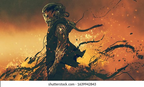 Sci-fi Character Of An Infected Astronaut Standing On Fire, Digital Art Style, Illustration Painting