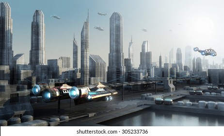Scifi Cityscape  Transport Airship From The Future