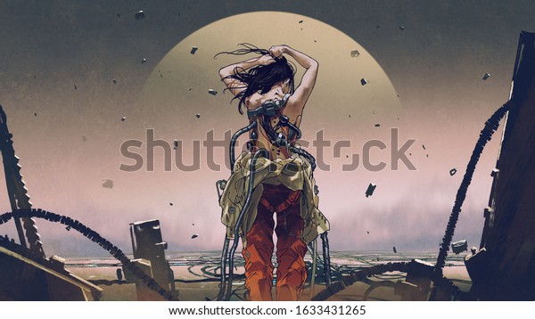 scifi concept showing back view of futuristic woman wearing a spacesuit, digital art style, illustration painting