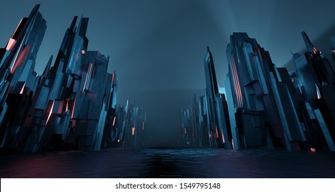 Sci-fi Dark Landscape Metal Block Fantastic Street House Light By Blue Neon Glow. Surreal Alien City Concept. 3D Rendering