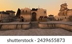 Sci-Fi desert outpost buildings on a fantasy alien planet. 3D rendered illustration.