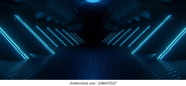 Scifi Digital Showroom Underground Catwalk Hangar Technology Background Tunnel Corridor Light Blue Turquoise Technology Background Wallpaper 3D Rendering