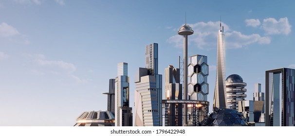 Scifi Futuristic City Skyline Panorama, 3D Illustration