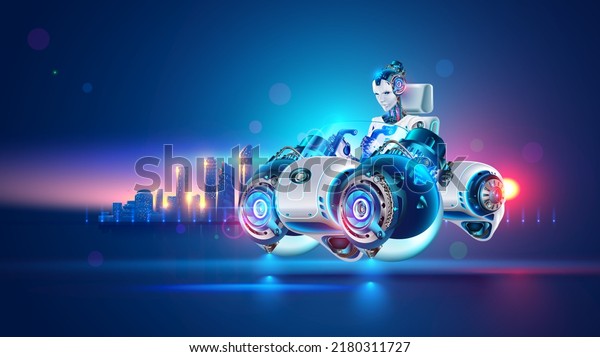 A sci-fi futuristic flying car hovered over\
road against backdrop of a futuristic city. Woman cyborg driver\
drives a vehicle. Concept of a science fiction car. AI. Future\
transport. 3D\
rendering.