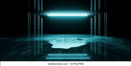 Sci-FI Futuristic Modern Dark Stage Structure On Concrete Wet Floor With Ice Blue Glowing Neon Tube Lights Empty Space Wallpaper Background 3D Rendering Illustration