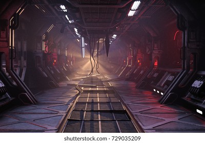 Sci-Fi grunge damaged metallic corridor background illuminated with neon lights 3d render