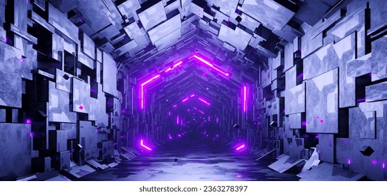 Sci-fi hexagonal empty tunnel with glowing neon particles concept background. Futuristic spaceship metal retro corridor. Modern neon lighting. 3d render