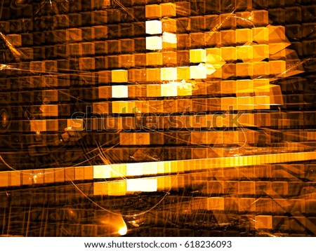 Sci-fi or hi-tech background - abstract computer-generated image. Fractal art: chaos glowing golden cubes. Technolody backdrop with light effects. For web design, covers, posters.