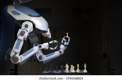 Sci-Fi Industrial robot playing a game of chess with itself. 3D illustration