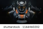 Sci-fi mech soldier on a black background. Military futuristic robot warrior with white and gray color metal. Scratched metal armor robot. Big robot mech with orange paint. Front view. 3D rendering.