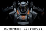 Sci-fi mech soldier on a black background. Military futuristic robot warrior with white and gray color metal. Scratched metal armor robot. Big robot mech with orange paint. Front view. 3D rendering.