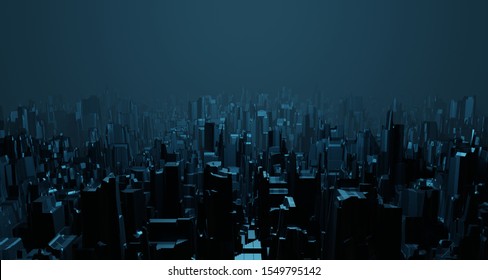 Sci-fi Night Landscape Fantastic Empty City Light Blue Neon Glow Top View. Surreal Alien Architecture Concept. 3D Rendering