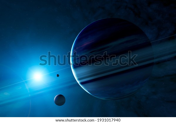 Sci-fi planets, discovery of new worlds, science
fiction. Planets and moons of other galaxies and universes.
Fantastic worlds. Nebulae and star clusters. 3d render. Saturn
rings and moons
