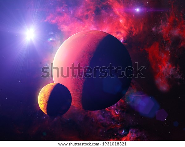 Sci-fi planets, discovery of\
new worlds, science fiction. Planets and moons of other galaxies\
and universes. Fantastic worlds. Nebulae and star clusters. 3d\
render