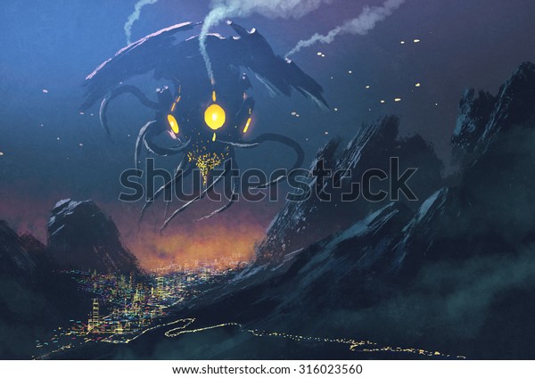 外星人船入侵夜城的科幻场景 插画画库存插图