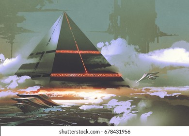 Sci-fi Scene Of Futuristic Black Pyramid Floating Over Earth Surface, Digital Art Style, Illustration Painting